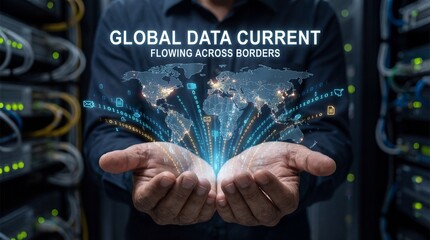 Man presenting global data transfer with hands in server room