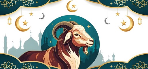 Eid al-Adha Banner Template Design with Sheep and Islamic Crescent