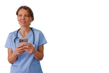 Healthcare worker texting on phone, using mobile app for telehealth communication, modern medical technology, transparent background