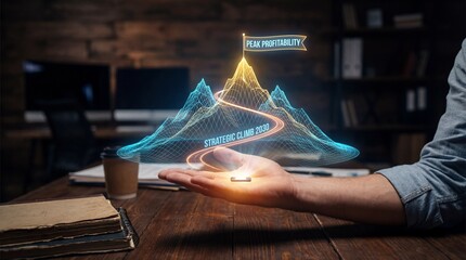 Businessman analyzing strategic growth to peak profitability in modern office