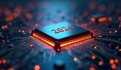 Metal number 2026 on the glowing surface of the microchip