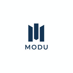 Professional navy logo for MODU featuring three bold vertical pillars of varying heights, symbolizing modern architecture and structural strength