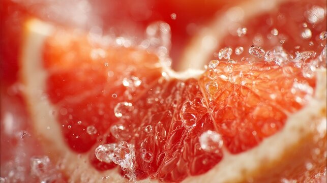 Close-up macro shot of fresh grapefruit juice droplets splashing on citrus fruit segments