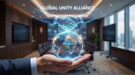 Global business partnership and unity concept with handshake over the world