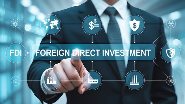 A businessman interacts with a digital display highlighting foreign direct investment representing global finance economic growth and secure transactions high quality