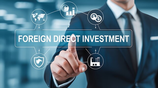 A businessman is interacting with a digital display highlighting the concept of foreign direct investment and global economic connections high quality
