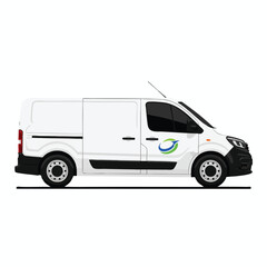 Illustration of a white delivery van with black accents. A stylized logo appears on the side