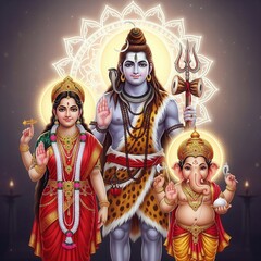 Fototapeta premium Shiva Parvati Ganesha Family Portrait with Sacred Mandala Light
