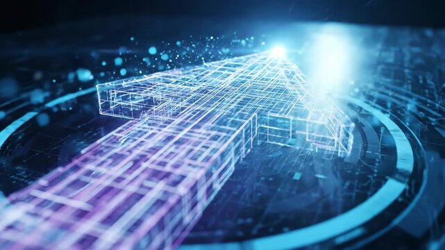 Digital arrow moving forward over circuit board. Data visualization and network concept for business growth process.