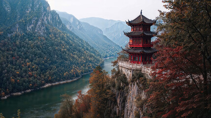 Obraz premium Red traditional pagoda on steep cliff with autumn forest and winding river through deep mountain valley