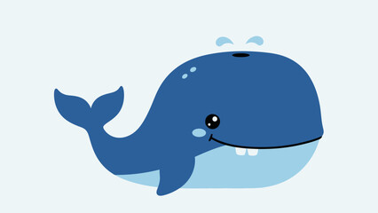 Naklejka premium Cute cartoon whale happily blowing water from its blowhole, swimming cheerfully on a light blue background.