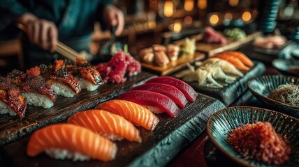 The image is a close-up shot of a beautifully arranged sushi platter, featuring a variety of nigiri and sushi rolls