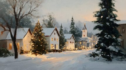 Festive Village at Dusk: A charming village draped in a blanket of snow, with twinkling lights adorning homes and trees, embodying the spirit of the holiday season at dusk.