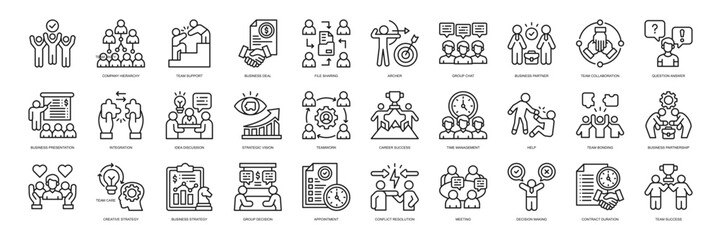 Team Unity icon collection line style. containing Team Unity, Company Hierarchy, Team Support, Business Deal, File Sharing, Group Chat, Business Partner