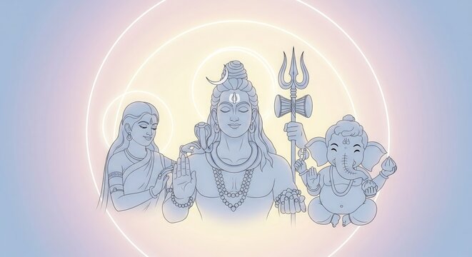 Modern Minimal Shiva Parvati Ganesha Family Devotional Illustration