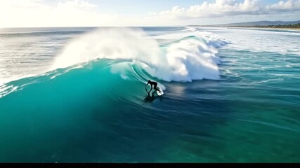 Surfer riding a powerful ocean wave, showcasing the thrill of watersports and adventure in the sea.