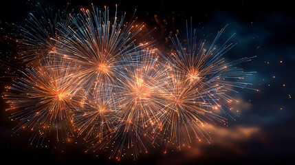 Fiery Burst in the Night: A spectacular display of vibrant fireworks paints the night sky with streaks of gold and orange, creating a mesmerizing spectacle of light and color.