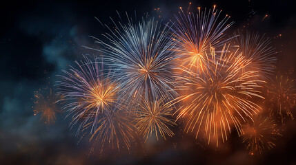 Naklejka premium Celestial Symphony: Brilliant fireworks paint the night sky with streaks of vibrant colors, creating a spectacle of light and joy.