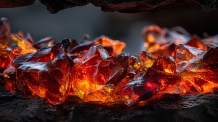 Fiery molten glass abstract patterns glowing with intense heat and vibrant orange and red hues close up