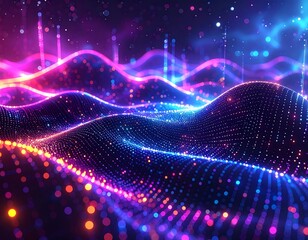Abstract glowing digital landscape with wavy lines, dots, and particles in vibrant colors