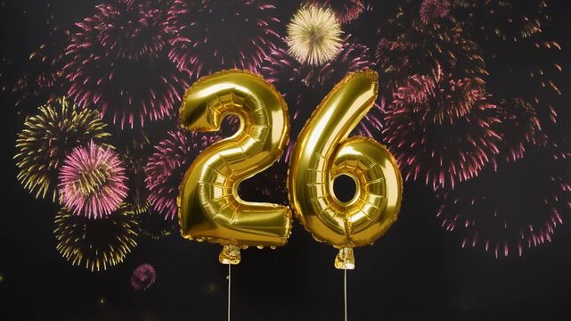 Gold balloon number 26 with fireworks in the background. Festive scene for birthday or anniversary party