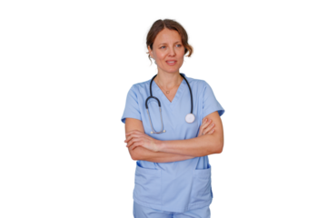 Female doctor or nurse in blue scrubs standing confidently with arms crossed, stethoscope around her neck, transparent background