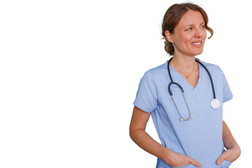 Female medical professional standing, wearing scrubs and stethoscope, looking away with a thoughtful expression