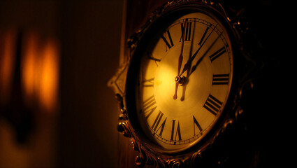 Antique vintage station clock with a black metal frame and weathered dial face featuring retro numbers and elegant minute hands mounted on a rustic wall for business time tracking New Year’s Eve