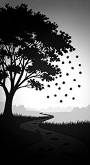 Misty Landscape Withsilhouette Tree Falling Leaves Twisting Riverbank Path Serene Wilderness Illustration Black and Whit.jpg