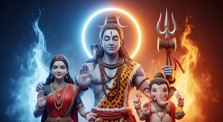 Fototapeta premium Shiva Parvati Ganesha Family with Fire and Ice Energy Concept