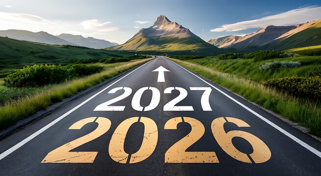 a scenic highway stretching towards a majestic mountain range prominently displaying the years 2026 and 2027 painted on the asphalt road