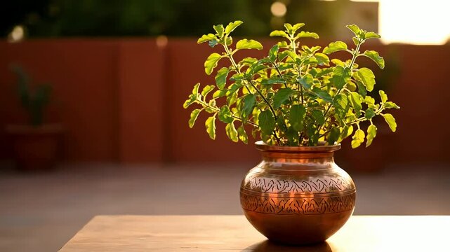 Holy Basil Tulsi plant in a decorative copper pot during golden hour