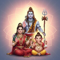 Peaceful Shiva Parvati Ganesha Family with Lotus Mandala Background
