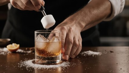 Bartender Adding Ice to a Whiskey Cocktail on a Wooden Bar.