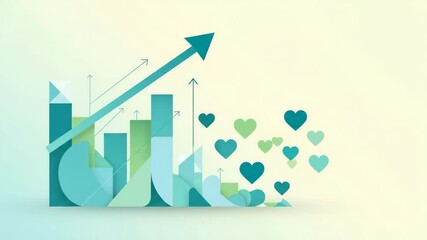 Green and blue geometric growth chart with pie and bar graph elements. Rising popularity and engagement represented by increasing hearts. - Powered by Adobe
