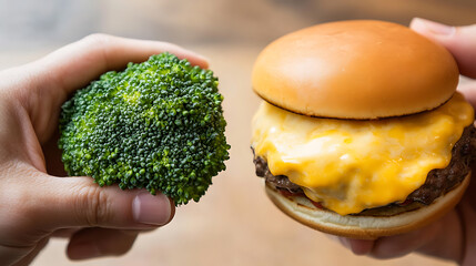 Healthy choice showdown: fresh broccoli meets a tempting, cheesy burger in a lighthearted food face-off. Good versus delicious in a culinary battle of healthy eats!