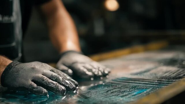 Closeup medium shot of flexographic plate cleaning process showing hands carefully scrubbing flexible plates to ensure precise ink removal.