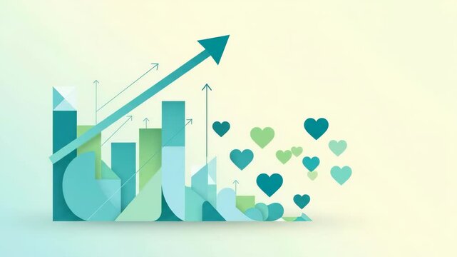 Green and blue geometric growth chart with pie and bar graph elements. Rising popularity and engagement represented by increasing hearts.
