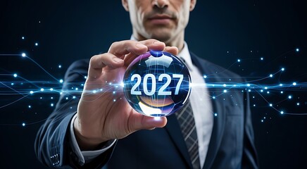 A businessman thoughtfully holds a glowing orb displaying the year 2027 surrounded by a network of futuristic digital connections high quality