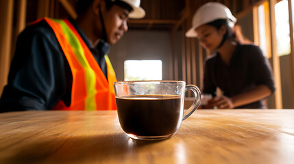 Construction site coffee break shows determination and resilience. The architectural team analyzes the blueprint as the aroma of coffee fills the unfinished space.