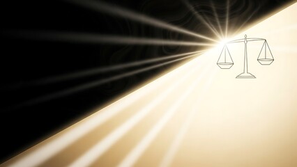Scales of justice glowing brightly with radiant light rays against a contrasting dark background