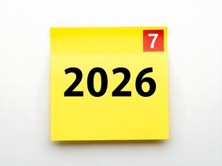 Minimalist yellow note with 2026 text and a red badge showing number seven against a clean white surface