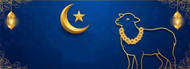 Eid Al Adha Banner Template Design with Golden Sheep and Islamic Symbols