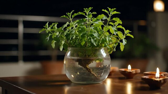 Tulsi Plant and Diya Lamps A Traditional Night Decoration