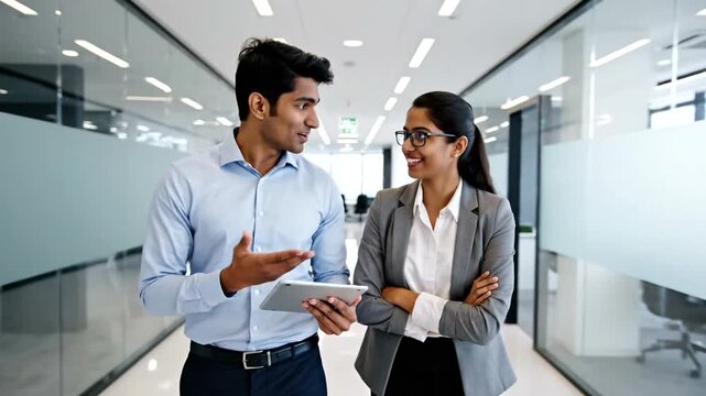 Two Indian business colleagues walking and discussing work in a modern office hallway.