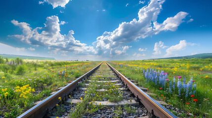 Railroad tracks disappearing into a vibrant field of wildflowers under a blue sky with fluffy clouds