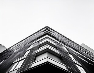 modern building exterior minimalist style high contrast black and white low angle close up view architectural design ascending structure bright white background ideal for architecture portfolios