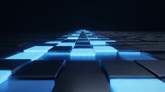 Glowing blue tile pathway leading into dark horizon futuristic illuminated floor reflective ceramic black grid pattern neon lighting low angle 3d texture
