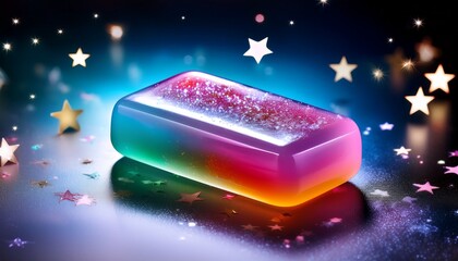 sparkling clean soap bar with vibrant gradient and glinting stars promoting hygiene and freshness