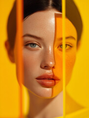 Modern Beauty Portrait with Vibrant Yellow and Orange Light Refractions